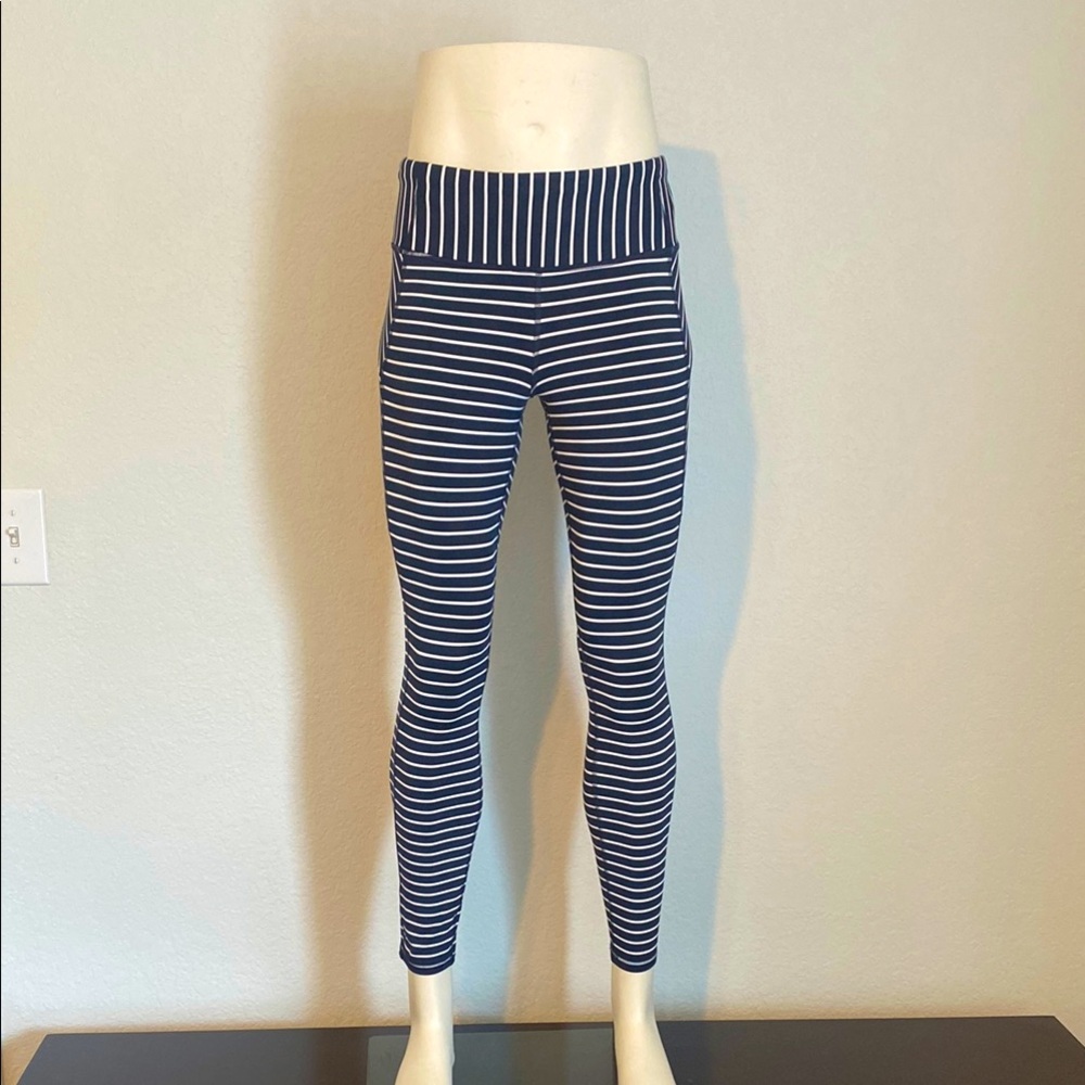 Athleta Contender Navy and White Striped 7/8 Tights